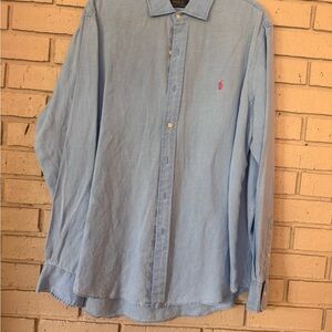 Vintage linen Polo by Ralph Lauren Men's Sky Blue Button-Down Shirt XL